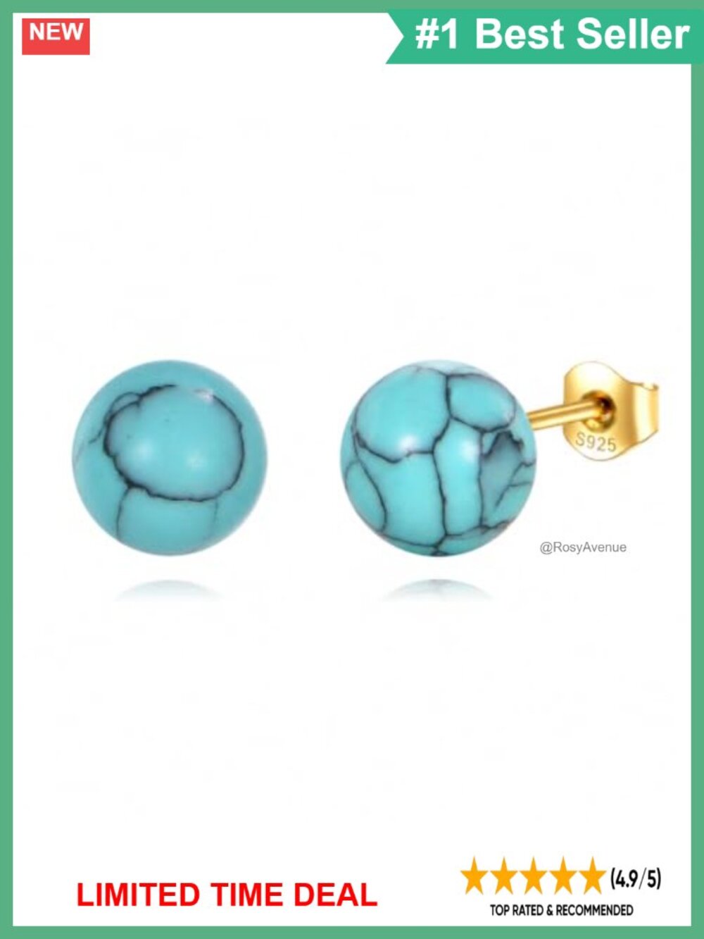 Turquoise Stud Earrings 925 Sterling Silver Minimalist 8mm